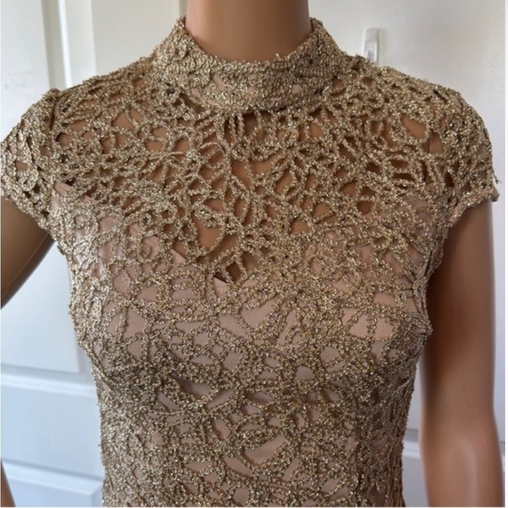 Premier Amour Metal- Lic Gold Lace High Neck Dress